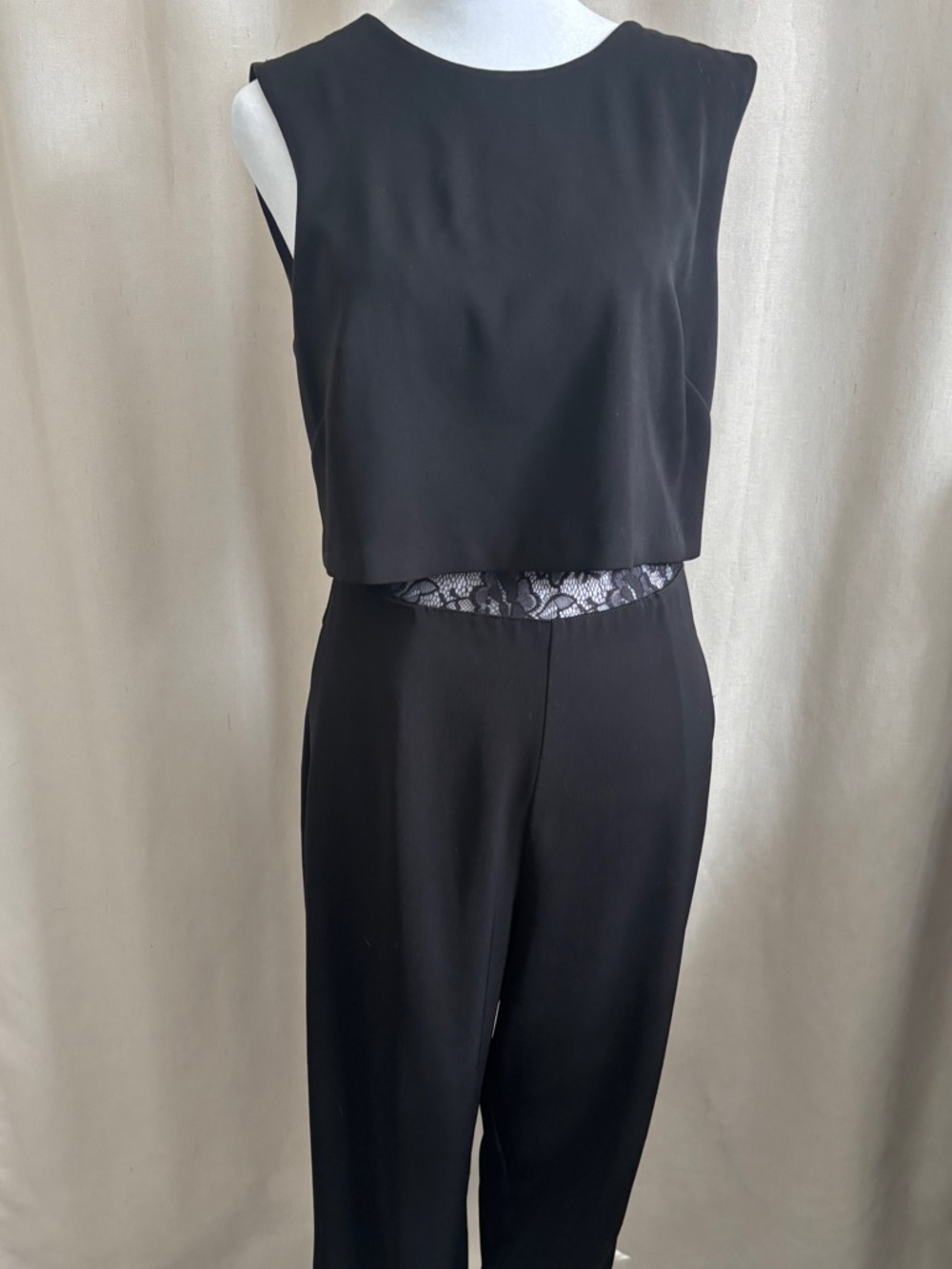 Bebe Black Sleeveless Jumpsuit with Lace Waist